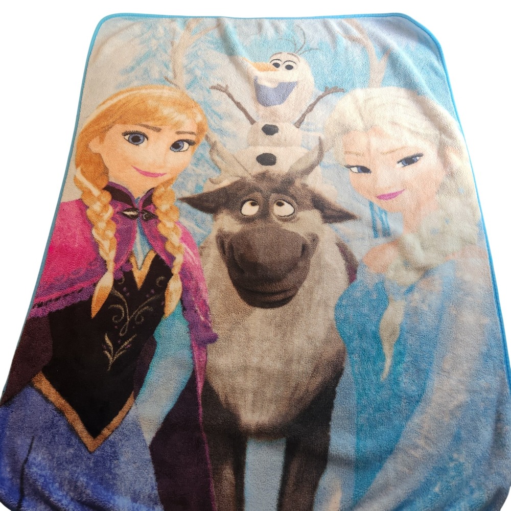 Disney Frozen Fleece Throw Blanket Elsa Anna Olaf Sven Blue Plush 45x60
